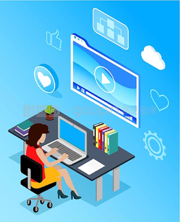 工作場所的商業(yè)網(wǎng)絡(luò)通信。辦公室使用手提電腦無線設(shè)備的女性。藍(lán)色的媒體顯示和互聯(lián)網(wǎng)圖標(biāo)像和云。PC向量的數(shù)字營銷專家。計算機(jī)向量的數(shù)字營銷專家